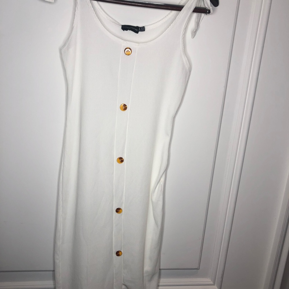 White Ribbed Tie shoulder Dress